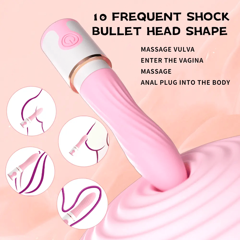 Breeze Bullet Vibrator with 10 pulse modes pressing into soft gel alongside body stimulation point diagrams.