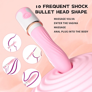 Breeze Bullet Vibrator with 10 pulse modes pressing into soft gel alongside body stimulation point diagrams.