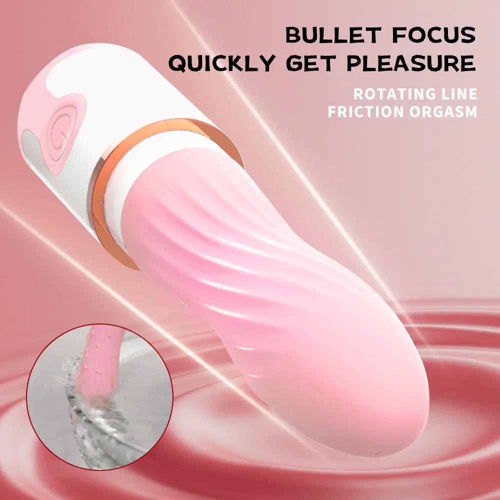 Textured spiral tip of the Breeze Lipstick Vibrator creating soft ripples in water to show gentle vibration.