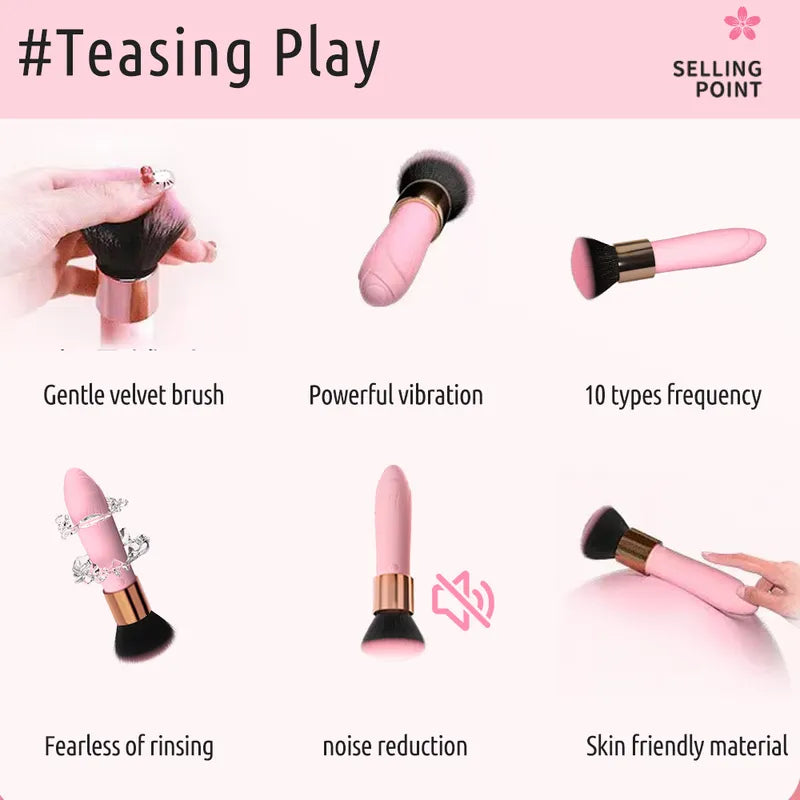 Infographic of Fizzglow Caress G-Spot Vibrator highlighting 10 frequency modes, velvet teasing brush, and body-safe silicone