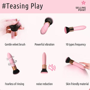 Infographic of Fizzglow Caress G-Spot Vibrator highlighting 10 frequency modes, velvet teasing brush, and body-safe silicone