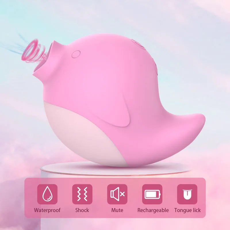 Fizzglow Chirp Clitoral Vibrator displayed with core feature icons including IPX6 waterproof, whisper quiet, and tongue licking modes