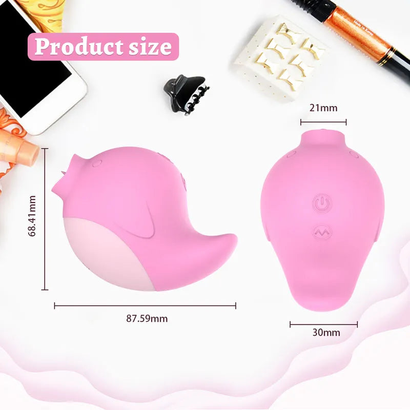 Product size diagram of the Chirp Clitoral Vibrator showing dimensions of 3.45 x 2.69 x 1.18 inches (87.59 x 68.41 x 30mm)