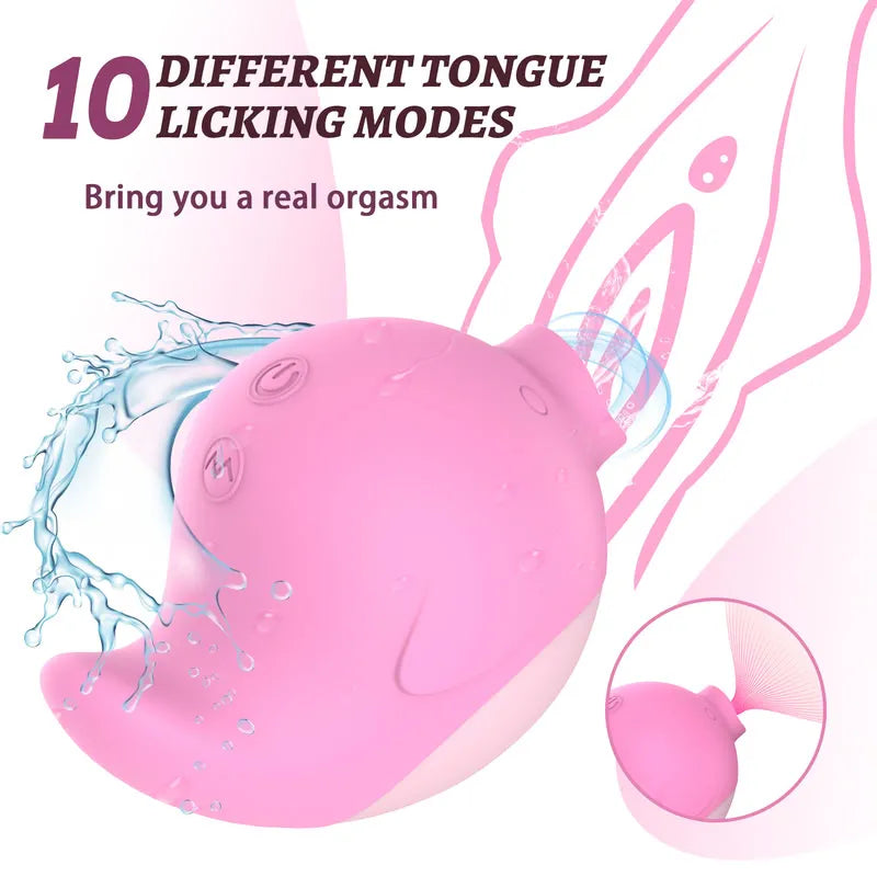 Detail shot highlighting the 10 bionic tongue-licking modes and ergonomic silicone nozzle of the Chirp Clitoral Vibrator