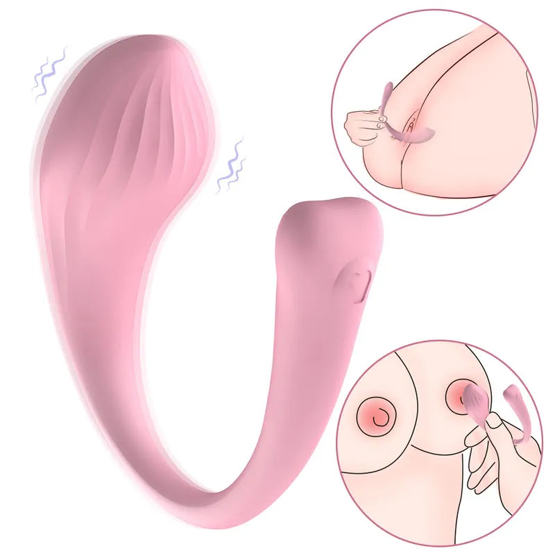 Pink Contour panty vibrator featuring dual-zone vibration waves and placement diagrams for G-spot stimulation