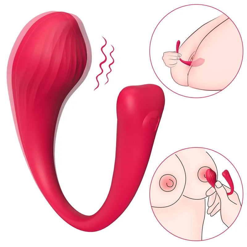 Rose red Contour wearable panty vibrator with dual-zone pulse waves and multi-use placement diagrams