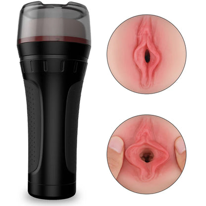Black Core manual stroker with stealth flashlight design and frosted cap