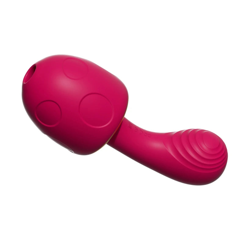Cozy dual stimulation g-spot vibrator with ribbed insertion shaft and warming clitoral suction head