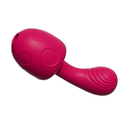 Cozy dual stimulation g-spot vibrator with ribbed insertion shaft and warming clitoral suction head