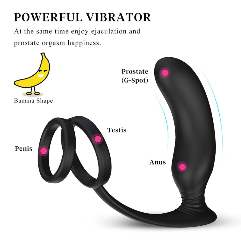 Fizzglow Crest prostate anal vibrator highlighting dual ring support and banana-shaped P-spot probe.