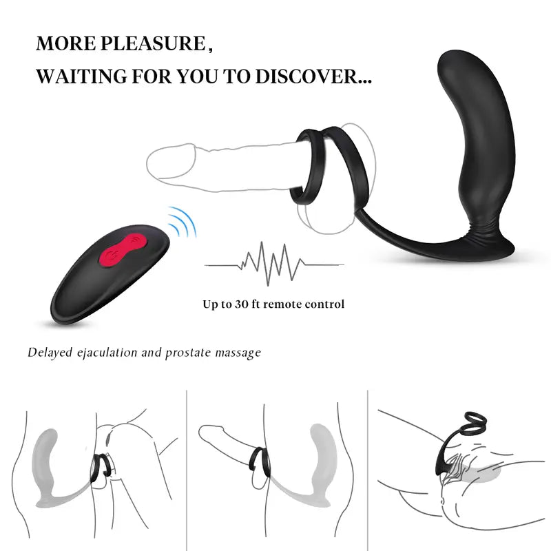 Fizzglow Crest prostate anal vibrator featuring 30ft wireless remote control and hands-free play diagrams.