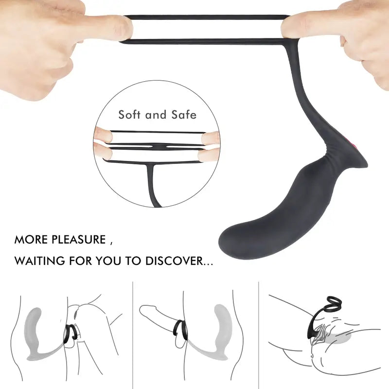 Hands stretching the soft body-safe silicone dual rings of Fizzglow Crest prostate anal vibrator for flexibility.