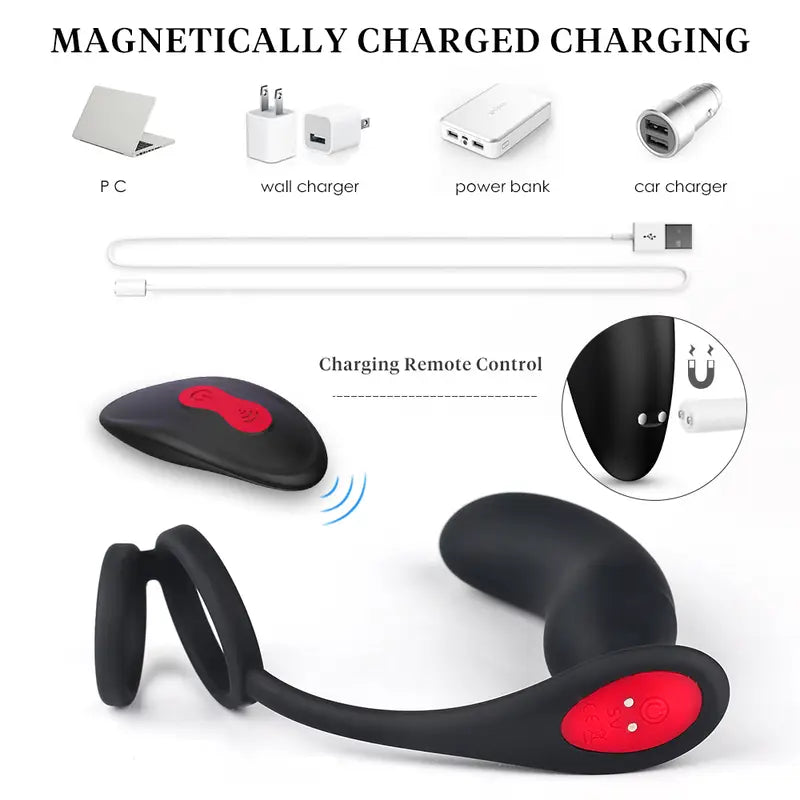 Side profile of Fizzglow Crest remote control prostate anal vibrator with magnetic USB charging setup.