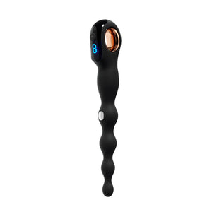 Black Fizzglow Current Anal Vibrator studio display featuring illuminated blue LCD screen, ergonomic finger ring, and microcurrent contact node