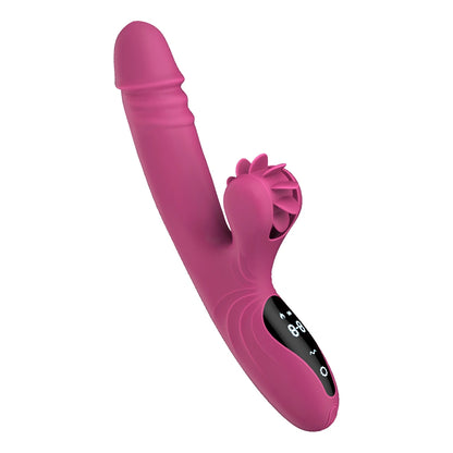 Flare 2-in-1 g-spot rabbit vibrator with 9 licking modes and an automatic thrusting shaft featuring a smart LCD screen