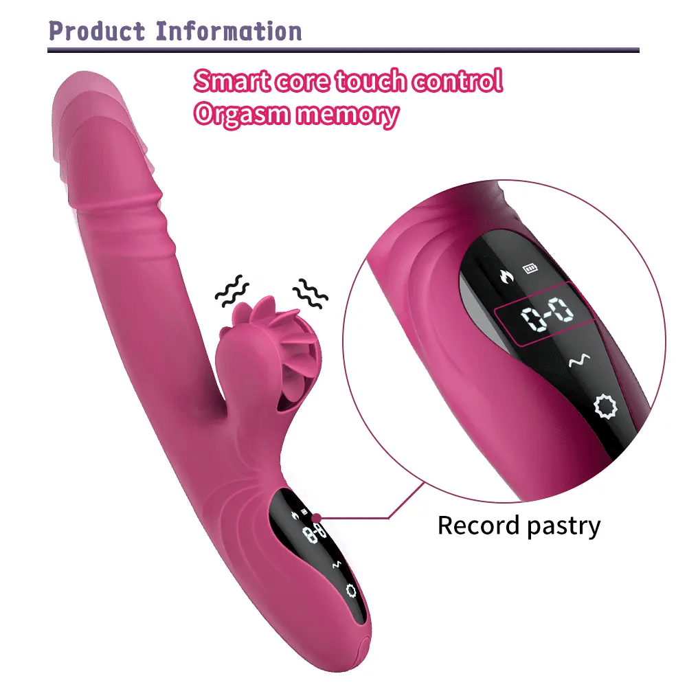 Flare 2-in-1 g-spot rabbit vibrator with 9 licking modes and an automatic thrusting shaft featuring a smart LCD screen
