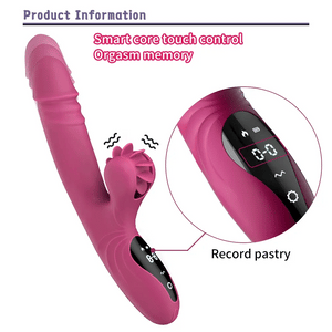 Flare 2-in-1 g-spot rabbit vibrator with 9 licking modes and an automatic thrusting shaft featuring a smart LCD screen