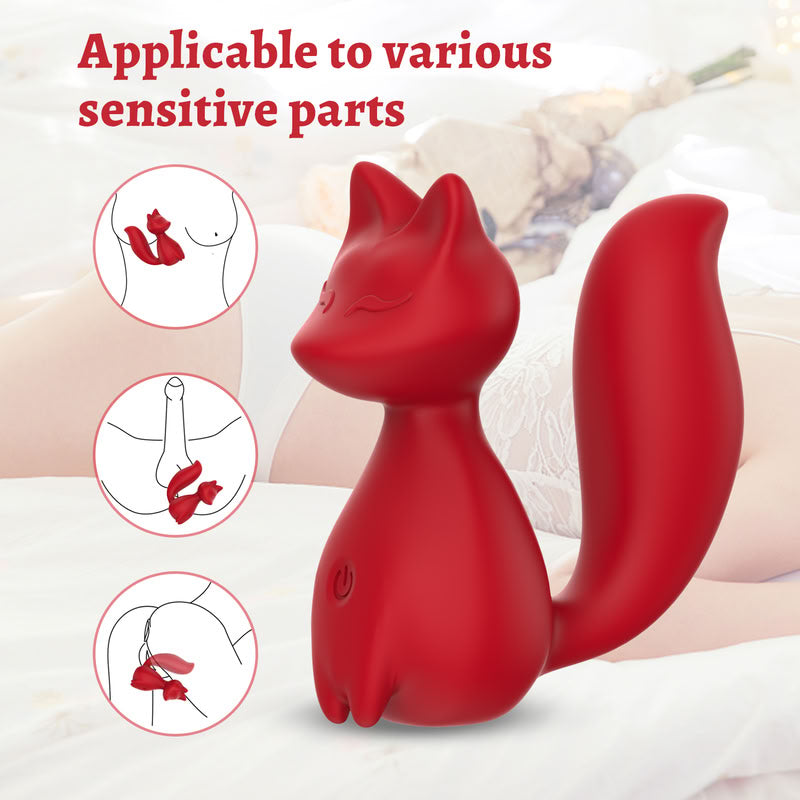 Fizzglow Foxy Vixen crimson red silicone G-spot vibrator showing a 22.58mm curved vibrating tail and stylized static fox body handle.