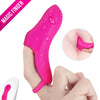 Glide G-Spot Finger Vibrator worn on a hand, showing the non-slip base ring and secure silicone sleeve fit.
