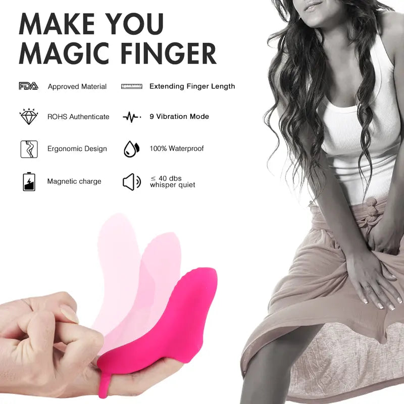 Glide G-Spot Finger Vibrator worn on a hand, showing the non-slip base ring and secure silicone sleeve fit.