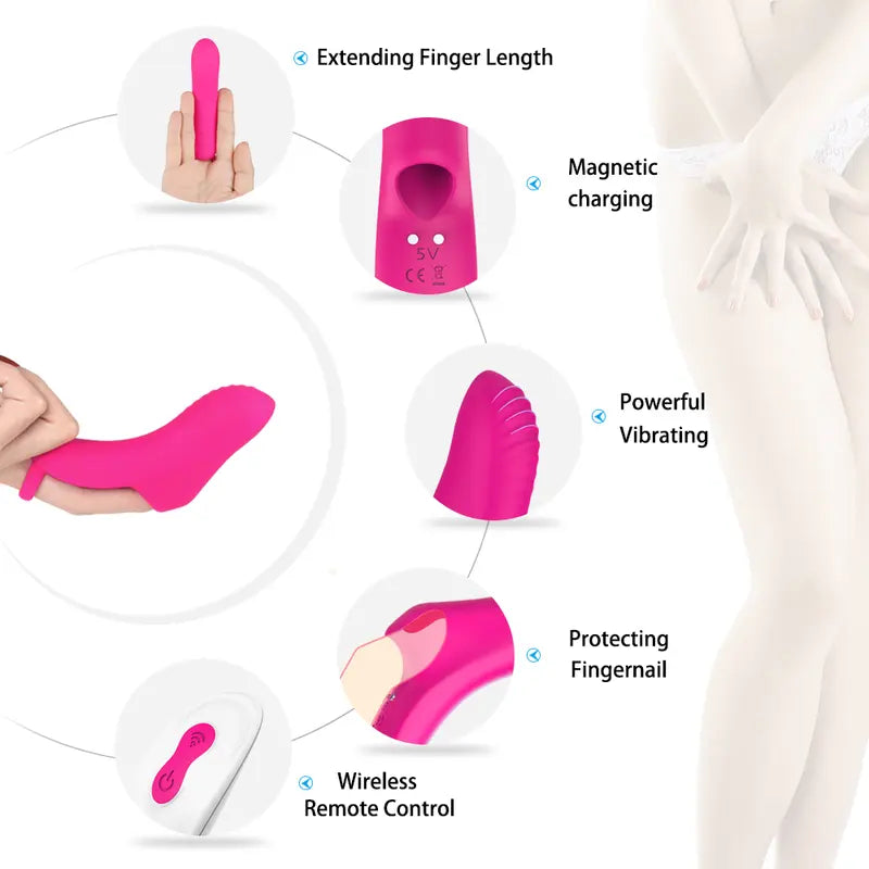 Glide G-Spot Finger Vibrator worn on a hand, showing the non-slip base ring and secure silicone sleeve fit.