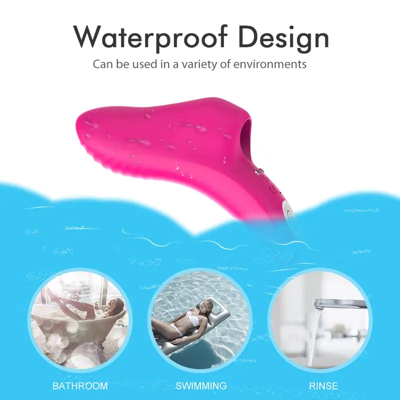 IPX7 waterproof Glide G-Spot Finger Vibrator with water droplets for bath and shower play.