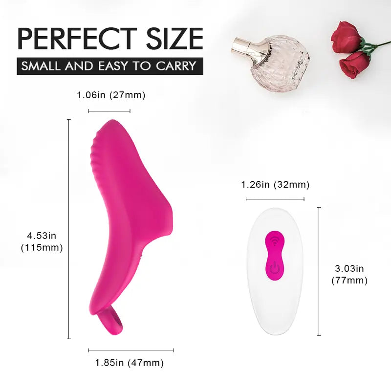 Dimensions diagram of the compact Glide G-Spot Finger Vibrator and mini wireless remote control.