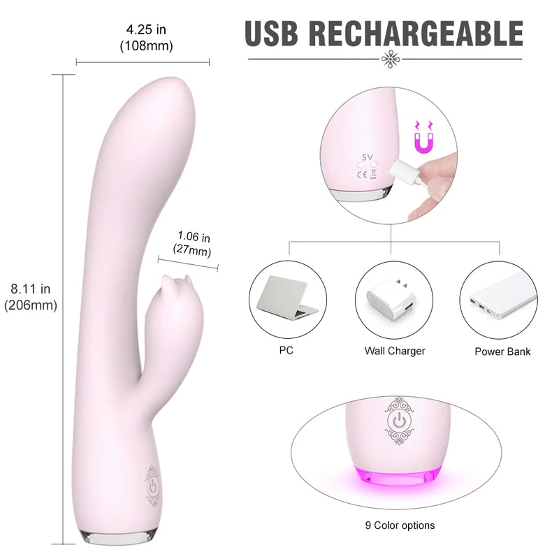 Fizzglow Glow G-Spot Rabbit Vibrator in light pink featuring flexible clitoral ears and a base LED breathing light.