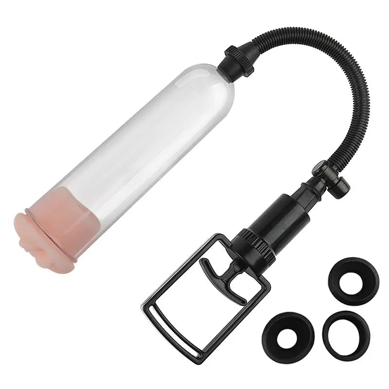 Full assembly view of the Fizzglow Grip Male Vacuum Trainer featuring transparent cylinder, flexible corrugated hose, trigger pump handle, and 3 sized silicone base rings