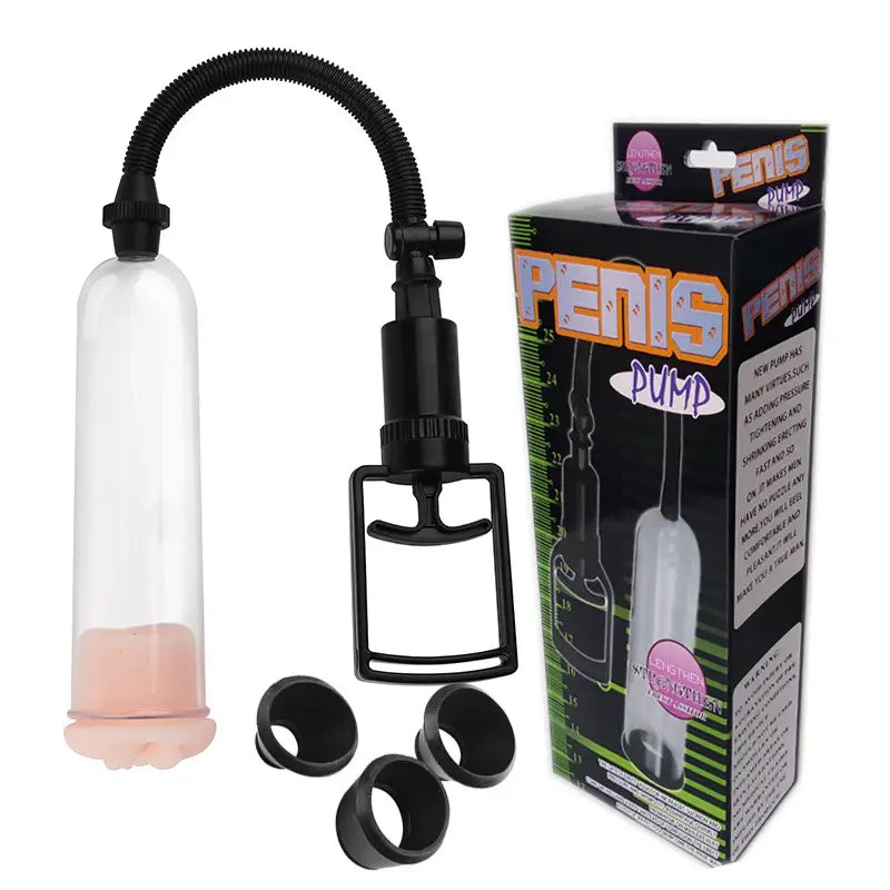 Fizzglow Grip Male Vacuum Trainer conditioning set displayed alongside retail packaging box, clear cylinder, manual trigger handle, and 3 silicone sleeves