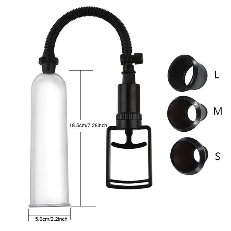Dimension schematic of the Fizzglow Grip Male Vacuum Trainer showing the 7.28-inch (18.5cm) clear cylinder, 2.2-inch (5.6cm) base diameter, hose, handle, and 3 seals