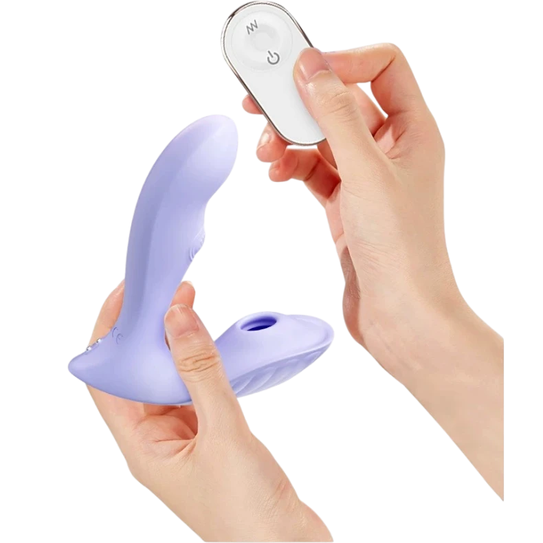 Hands holding the Fizzglow Lagoon Wearable G-Spot Vibrator alongside the compact 10-meter wireless remote control