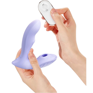 Hands holding the Fizzglow Lagoon Wearable G-Spot Vibrator alongside the compact 10-meter wireless remote control