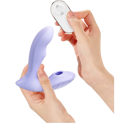 Hands holding the Fizzglow Lagoon Wearable G-Spot Vibrator alongside the compact 10-meter wireless remote control