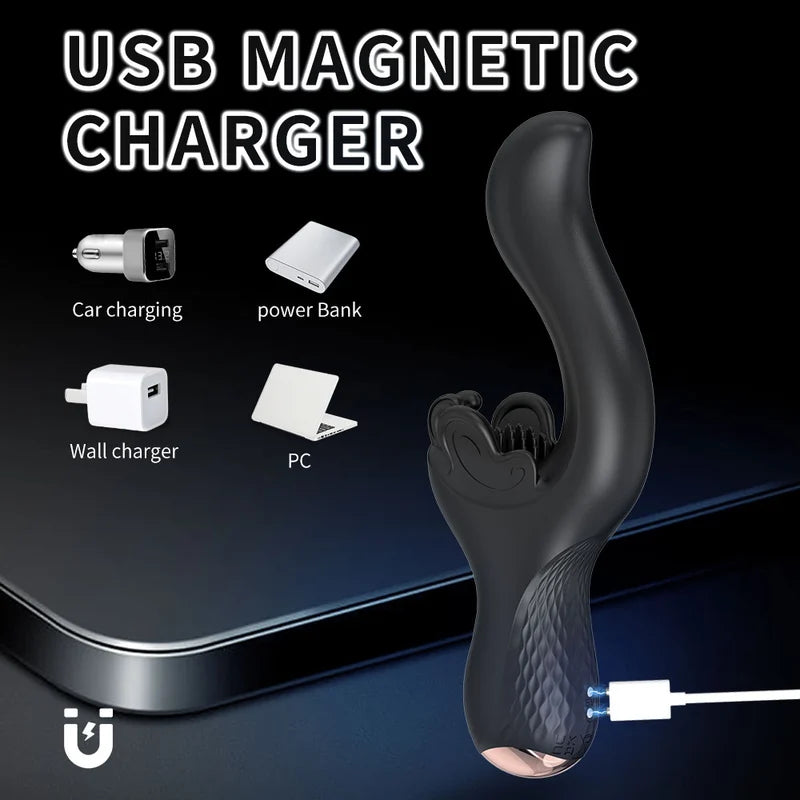 Black Monarch G-Spot Vibrator with a flexible butterfly-shaped clitoral cradle and an ergonomic curved shaft for dual stimulation.