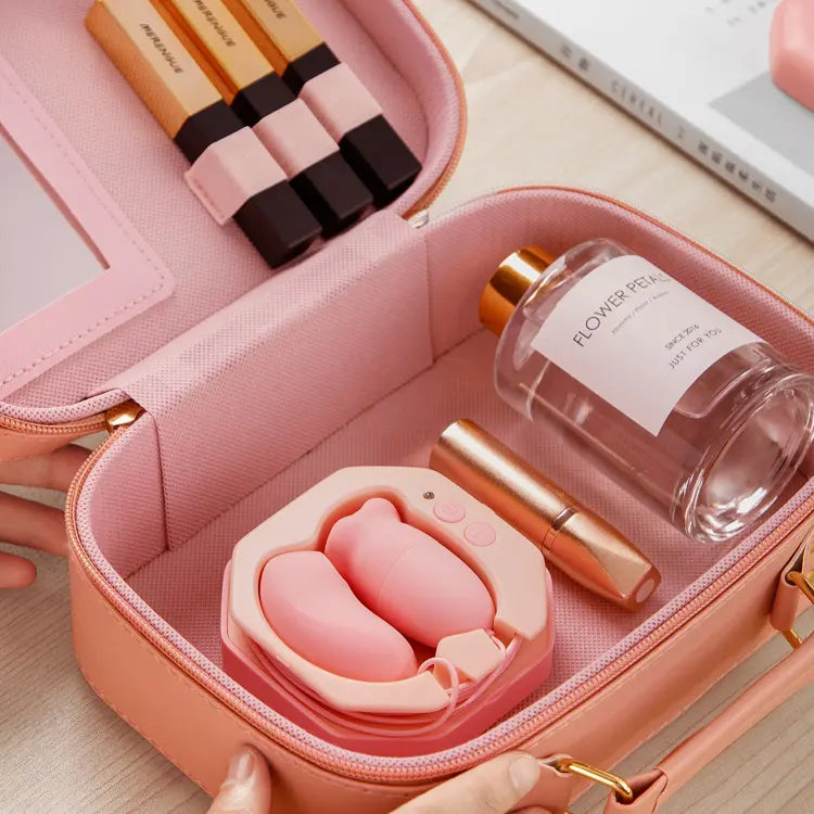 Compact Fizzglow Nectar Clitoral Vibrator neatly stored in a travel vanity bag for discreet portability