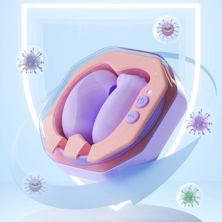 Fizzglow Nectar Clitoral Vibrator inside automatic UV sanitizing storage case protected against germs