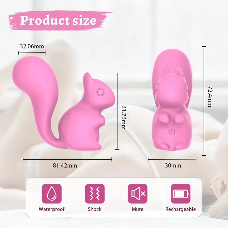 Product dimensions diagram for Nutty G-spot vibrator showing 1.26-inch tail diameter and ergonomic squirrel handle