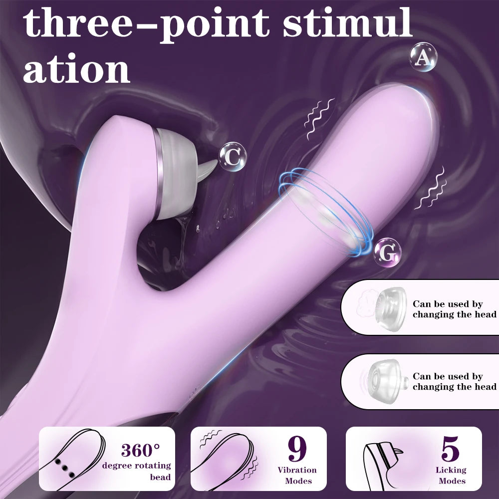 Fizzglow Omni Rabbit Vibrator demonstrating three-point stimulation for clitoris, G-spot, and A-spot with 360-degree rotating beads and interchangeable heads