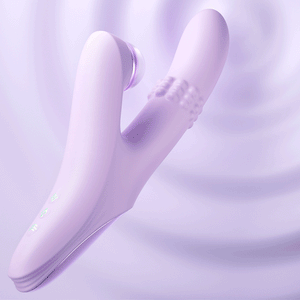 Fizzglow Omni Rabbit Vibrator on a lavender ripple background highlighting raised rolling beads on the shaft and illuminated LED controls