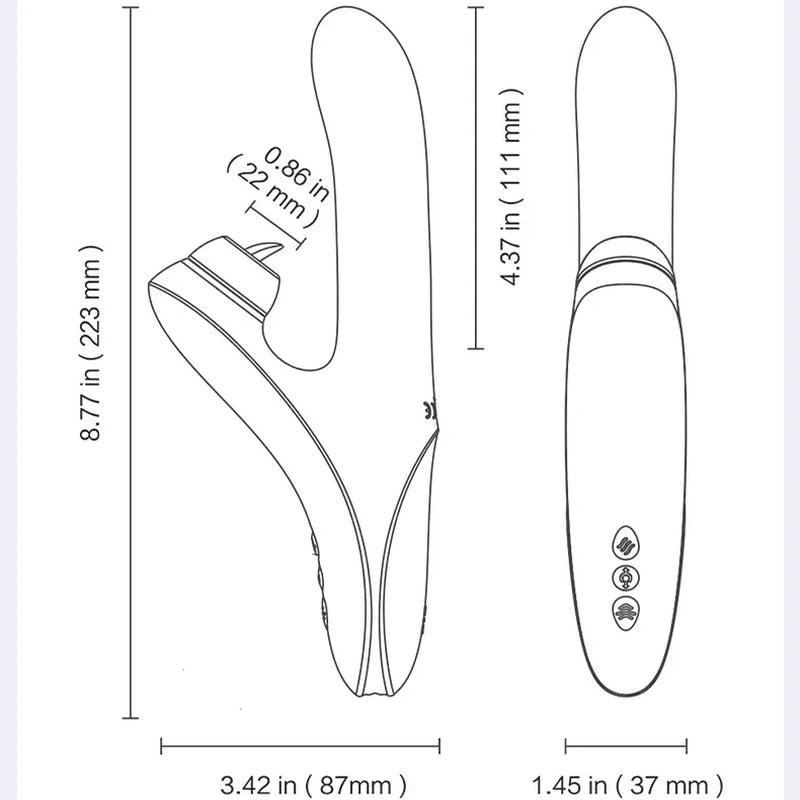 Dimensional schematic of Fizzglow Omni Rabbit Vibrator showing 8.77-inch total length, 4.37-inch insertable shaft, and button layout