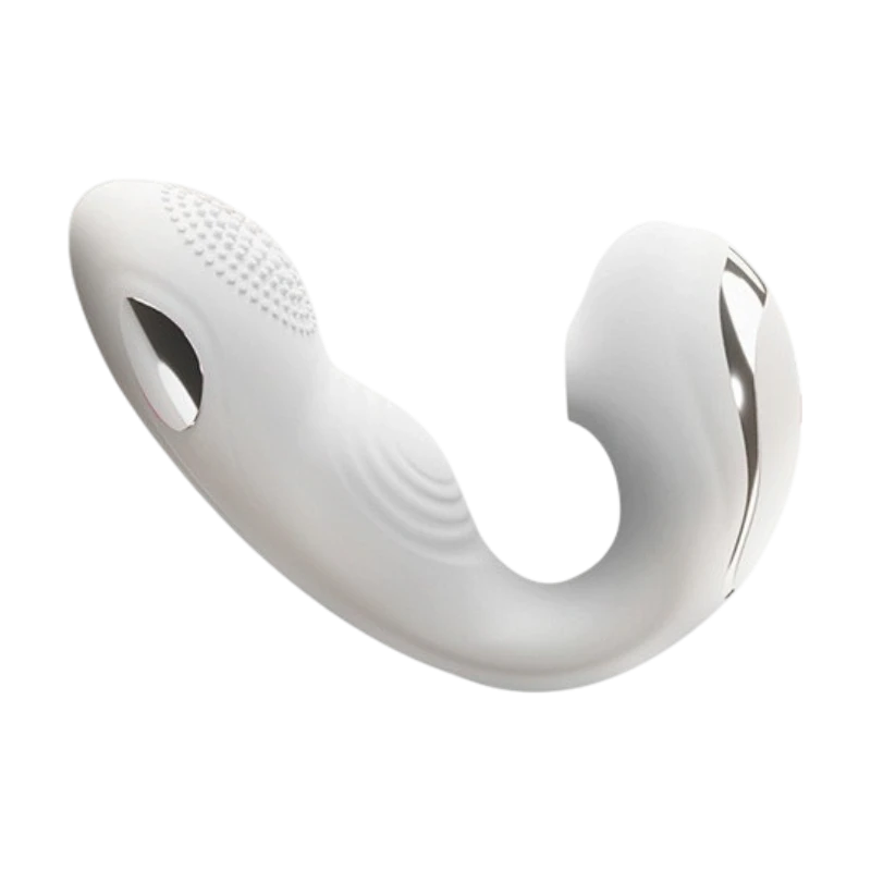 Isolated view of the Fizzglow Pearl Wearable G-Spot Vibrator in Pure White with microcurrent electrode and clitoral suction nozzle