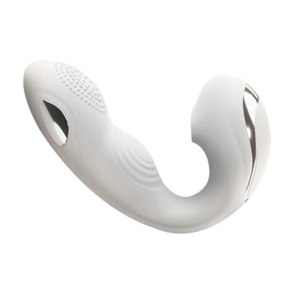 Isolated view of the Fizzglow Pearl Wearable G-Spot Vibrator in Pure White with microcurrent electrode and clitoral suction nozzle