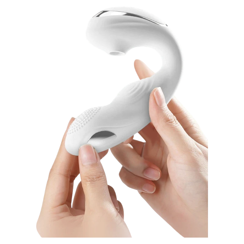 Hands holding the Fizzglow Pearl Wearable G-Spot Vibrator showing realistic product scale and flexible ergonomic silicone body