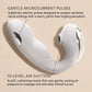 Feature infographic of the Fizzglow Pearl Wearable G-Spot Vibrator in Pure White on a sand-colored textured background, highlighting the 10-LEVEL air suction nozzle on the lower curve and gentle microcurrent pulses on the left insertion end, accompanied by subtle explanatory text.