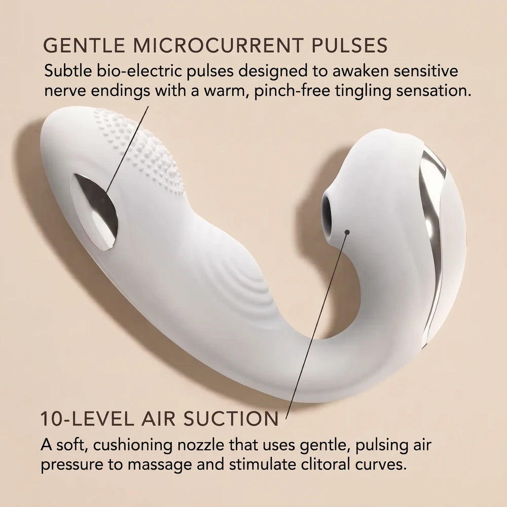 Feature infographic of the Fizzglow Pearl Wearable G-Spot Vibrator in Pure White on a sand-colored textured background, highlighting the 10-LEVEL air suction nozzle on the lower curve and gentle microcurrent pulses on the left insertion end, accompanied by subtle explanatory text.