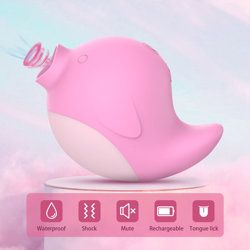 Fizzglow Pip clitoral stimulator vibrator in candy pink featuring an ergonomic dolphin bird hybrid profile for dual suction and vibration massage modes.