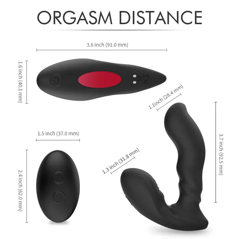 Dimension and size guide for the Fizzglow Radian anal vibrator showing 3.64-inch insertable length, tip diameters, and wireless remote measurements