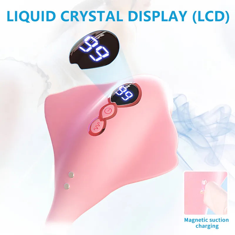 Close-up view of the digital LCD display screen, intuitive control buttons, and magnetic suction charging port on the Fizzglow Ripple Vibrator.