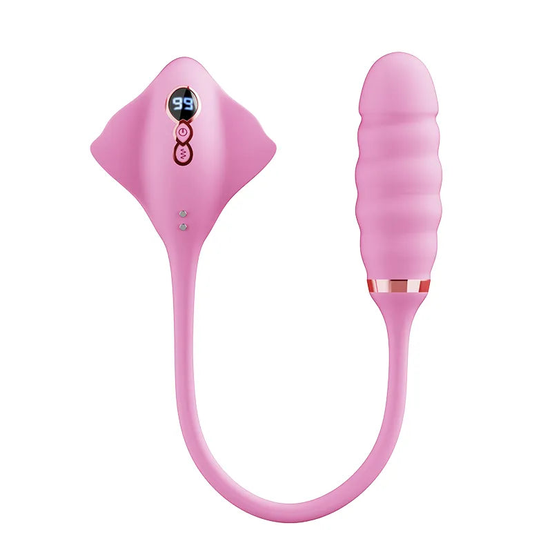 Full product view of the pink Fizzglow Ripple G-Spot Clitoral Vibrator on a white background, featuring a stingray-shaped suction head with LCD display, flexible silicone tether, and textured 4-ring bamboo thrusting shaft.